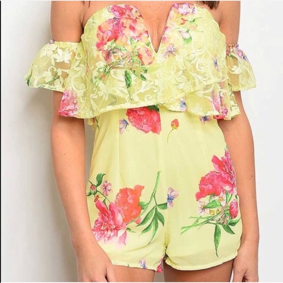 Sale Bright Yellow Floral Lace Off Shoulder Romper - Picture 8 of 8
